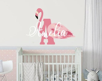 Flamingo Wall Decal. Custom Name Decal. Girl Name Flamingo Monogram Wall Decals. Girl Nursery Vinyl Stickers. Nursery Wall Art Decor R182