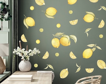 Lemon Wall Decal for Kitchen, Removable Yellow Fruit Wall Decal, Peel and Stick Watercolor Polka Dots For Dining Room, Set Decal with Fruits