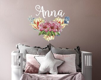 Watercolor Flowers Decal for Above Bed - Flowers Girl Custom Name Decals Nursery Decor - Colorful Flower Vinyl Stickers R245