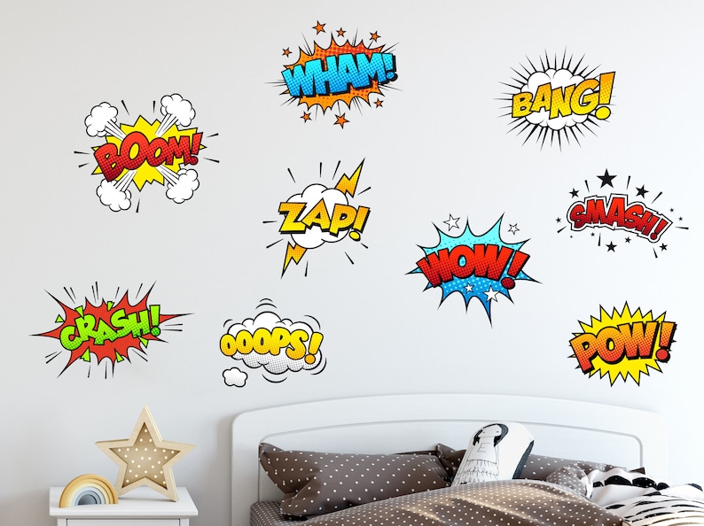 May include: A white wall with nine colorful comic book sound effect word bubbles. The words include "WHAM!" "BANG!" "BOOM!" "ZAP!" "CRASH!" "OOPS!" "HOW!" "SMASH!" and "POW!"