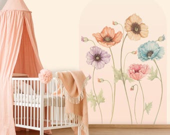 Large Meadow Poppy Arch Wall Sticker for Girl Bedroom, Arch Floral Wall Decal Peel and Stick Nursery Decor, Removable Rustic Wall Art