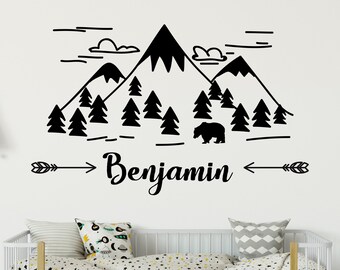 40% Off Mountain Nursery Wall Decal, Wall Decal Baby Name, Rustic Wall Decor, Mountain Wall Decor, Boy Custom Name, Arrow Vinyl Stickers
