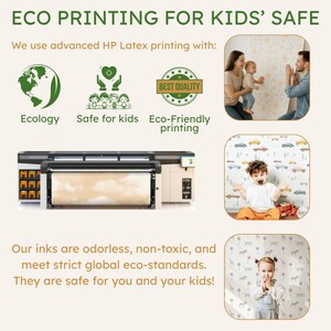 The image is an advertisement for eco-friendly printing for kids' safe wall decals. It features a family posing with a baby, a printer, and a child posing with a car decal. The text highlights that the decals are made with advanced HP Latex printing, are safe for kids, and are eco-friendly. The ad emphasizes that the ink is odorless, non-toxic, and meets strict global eco-standards, ensuring the safety of children.