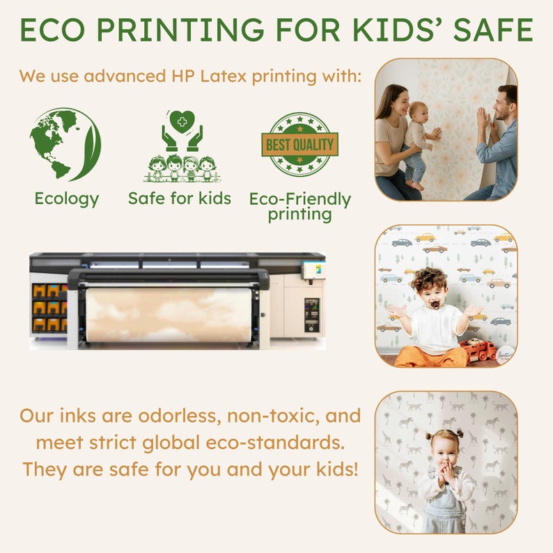 The image is an advertisement for eco-friendly printing for kids' safe wall decals. It features a family posing with a baby, a printer, and a child posing with a car decal. The text highlights that the decals are made with advanced HP Latex printing, are safe for kids, and are eco-friendly. The ad emphasizes that the ink is odorless, non-toxic, and meets strict global eco-standards, ensuring the safety of children.