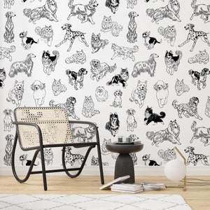 Carta da parati con cani e gatti, stacca e attacca, linea artistica monocromatica con animali, motivo moderno per animali domestici, decorazione murale rimovibile in bianco e nero per la casa