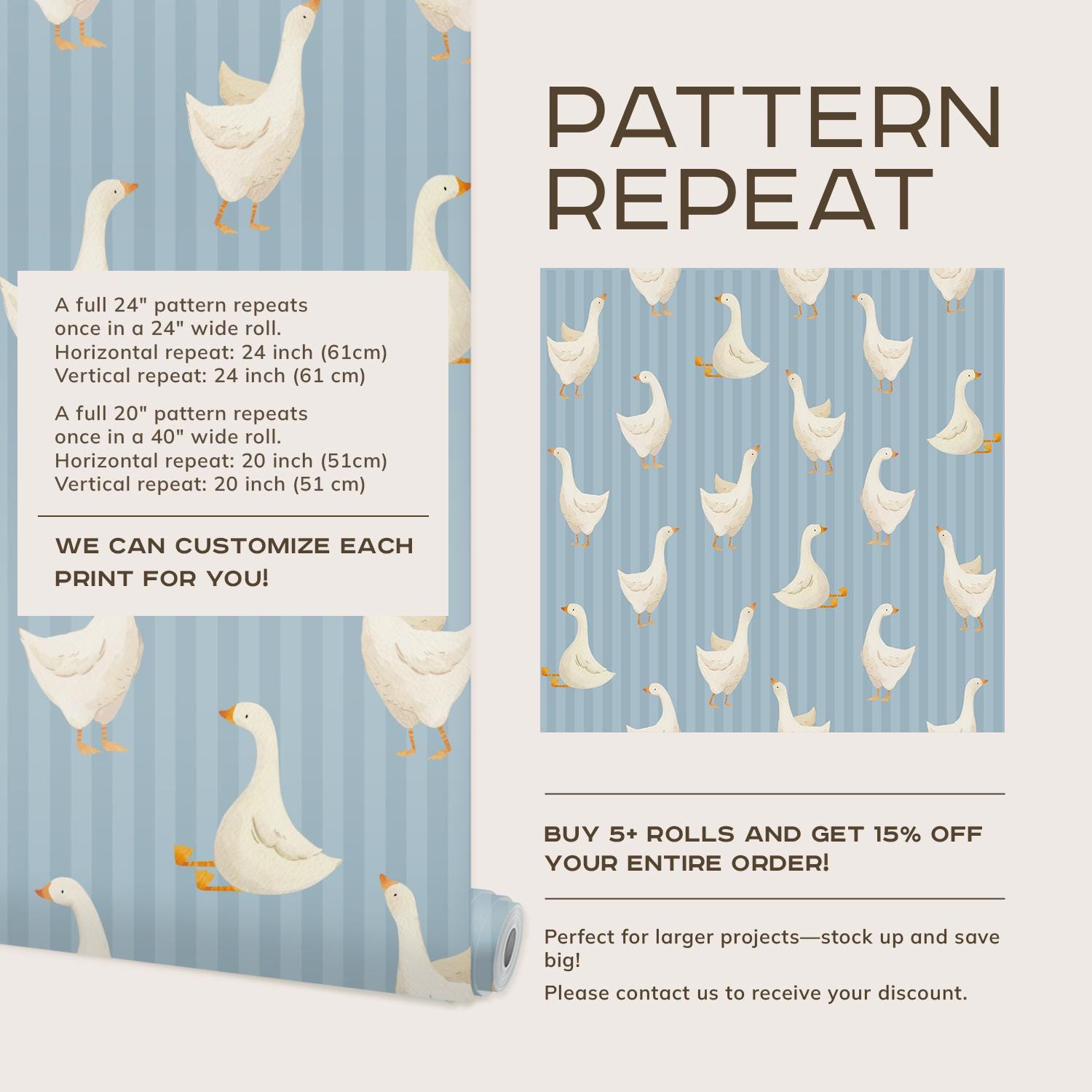 Pastel Blue Goose Wallpaper for Nursery, Farmhouse Wall Mural for Kids ...