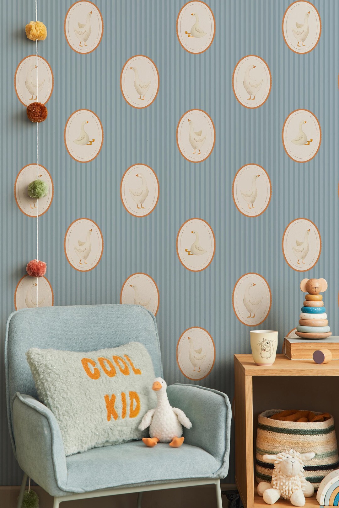 Pastel Blue Goose Wallpaper for Nursery, Farmhouse Wall Mural for Kids ...