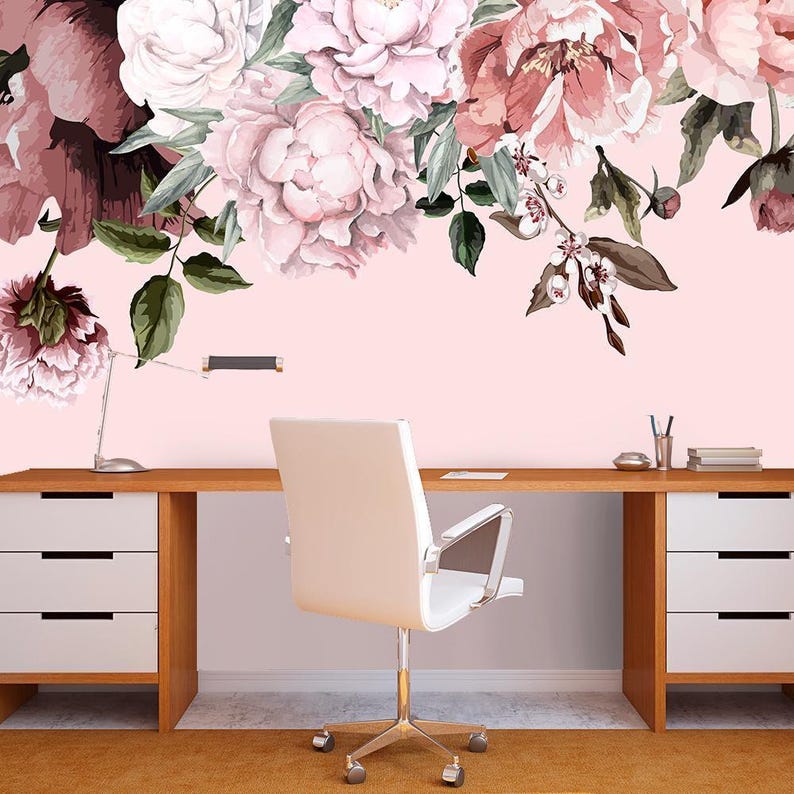Flower Peony Wallpaper Peel and Stick, Botanical Pattern Self Adhesive for Bedroom, Temporary Wall Mural Flowers for Girl's Room Decor image 2