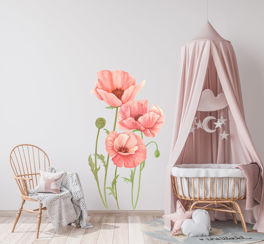Pink Poppy Flower Wall Decal for Baby Girl Toddler, Sticker Mural ...