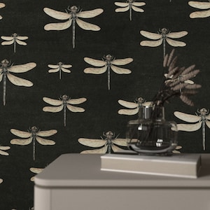Dark Wallpaper Dragonfly Peel and Stick Bedroom, Beige Insect Pattern Removable Wall Decor, Dragonfly Print Accent Decoration for Home