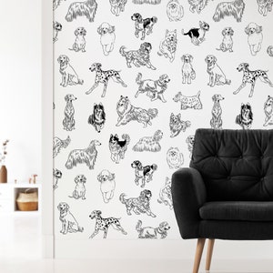 Dog Wallpaper for Grooming Salon Peel and Stick, PVC Free Black And White Animal Wallpaper Roll, Pets Wall Mural Removable for  Decor Home,