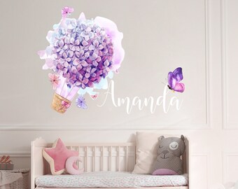 Hydrangeas Lilac Ball / Custom Name Watercolor Wall Decals / Baby Print With Purple Flowers / Girl Name Nursery Stickers / Kids Decor R162