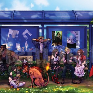 May include: A group of characters from the Final Fantasy video game series stand at a bus stop. The characters are dressed in their iconic outfits and are waiting for the bus. The bus stop is a blue and white structure with a sign that reads "Final Fantasy VII: Advent Children".