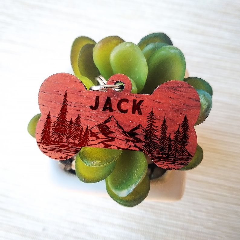 Wooden Tag Dog Cat collar tag Adventure Mountain Forest wooden dog cat Id tag Wood Pet Id tag