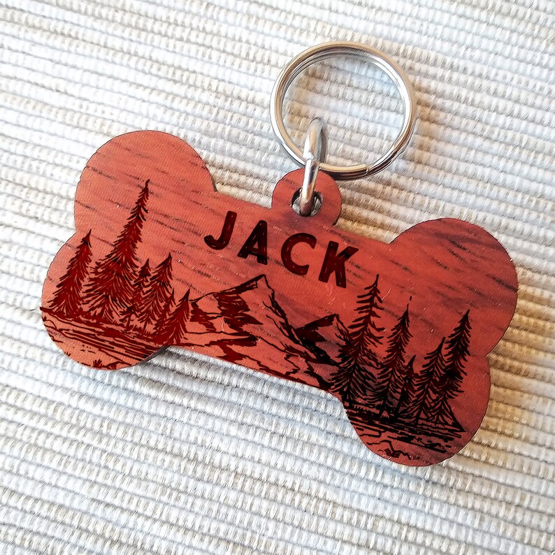 Wooden Tag Dog Cat collar tag Adventure Mountain Forest wooden dog cat Id tag Wood Pet Id tag