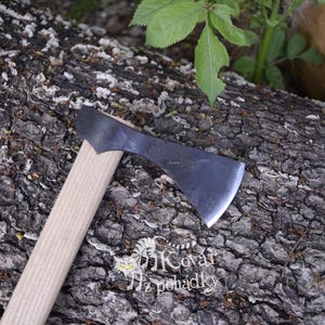May include: A wooden-handled axe with a black metal head. The axe is resting on a tree trunk.