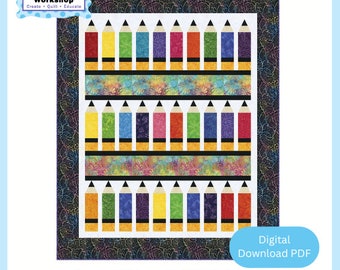 Caja de lápices / Patrón de edredón reconstruido, Instrucciones de costura digitales, Principiante avanzado, , Descarga instantánea, Regreso a clases, Arte, Lápices de colores