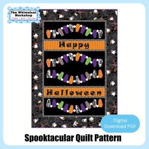 Pode incluir: Um padrão de colcha digital Spooktacular com um fundo preto e uma guirlanda de Halloween assustadora feita de caixões. A guirlanda é decorada com detalhes roxos, verdes e laranja. As palavras "Happy Halloween" estão escritas em letras laranja e pretas.
