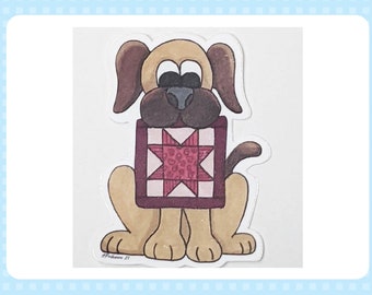 Vinyl Sticker Studio Buddy featuring a cute dog with quilt block - 3" Professional Printed