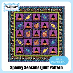 May include: A digital quilt pattern for a spooky season quilt. The pattern features a purple background with a grid of 36 squares. Each square contains a different Halloween-themed design, including witches' hats, candy corn, and pumpkins. The pattern is titled "Spooky Seasons Quilt Pattern" and includes the text "Digital Download PDF".