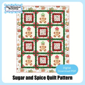 Könnte beinhalten: Ein digitales Quiltmuster mit einem Lebkuchenmann-Design. Das Muster heißt "Sugar and Spice Quilt Pattern" und ist als digitaler Download im PDF-Format erhältlich.