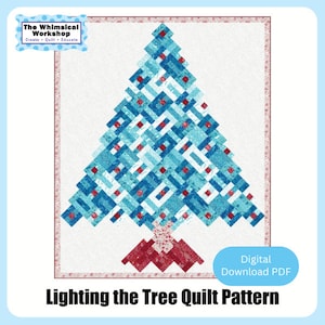 Op de afbeelding: Een digitaal downloadbaar PDF-patroon voor een quilt met een geometrisch kerstboomontwerp in blauw en rood. Het patroon heeft de titel "Lighting the Tree Quilt Pattern".