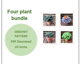 Crochet pattern bundle for four succulent pot plants - Sea Dragon, Lime Zinger, Green Prince, Princess Lace