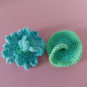 May include: Two crocheted flower shapes in shades of blue and green. The larger flower has a more ruffled appearance, while the smaller flower is more circular.