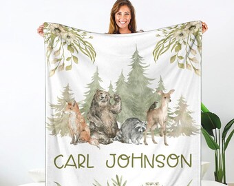 Cobertor personalizado do lobo do urso para meninos, cobertor com nome do esquilo, decoração exclusiva do quarto de animais da floresta do chá de bebê, edredom de veados para berçário de bebê
