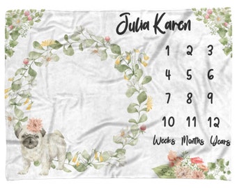 Floral Pug Dog Baby Milestone Personalized Blanket Newborn Baby Girl, Nursery Monthly Growth Tracker, New Baby Bedding Baby Shower Gift
