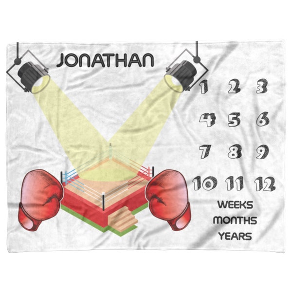 Personalized Boxing Baby Boy Age Tracker Blanket, Boxing Ring Gloves Sport Themed Newborn Baby Boy Milestone Blanket, Babyshower Blanket