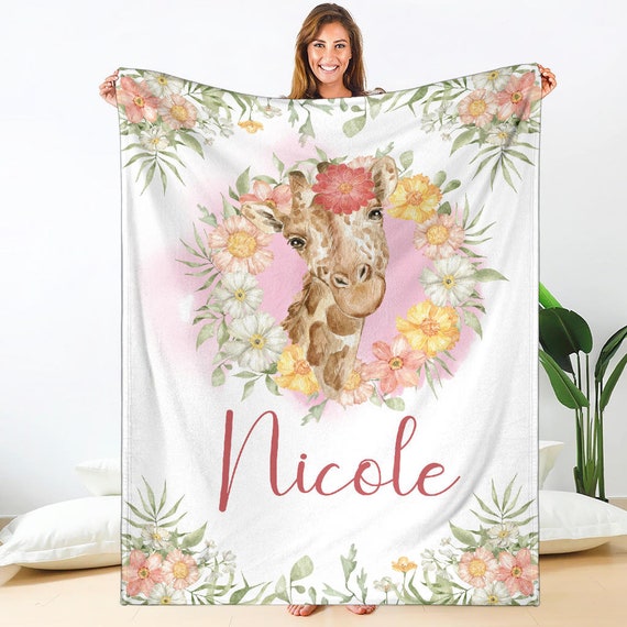 Personalized Giraffe Blanket for Girls, Floral Name Blanket Baby