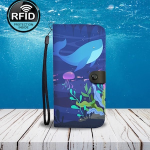 クジラの海の生き物の携帯電話ウォレットケース、クジラ愛好家へのギフトアイデア、iPhone、Samsung、HTC、Motorola、LG、Google Pixel、Huawei、Xiaomi用のスマートフォンカードケース