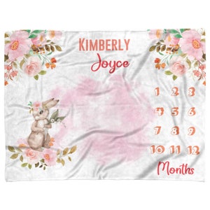 Manta de hito de conejito personalizada para niña recién nacida, rastreador de edad de crecimiento mensual de conejo Floral, manta de alfombrilla de hito para Baby Shower