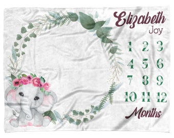 Elefante bebé niña personalizado hito manta, seguimiento de crecimiento mensual para recién nacido, Babyshower guardería Floral elefante recuerdo manta