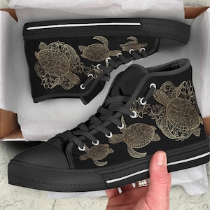 Sea Turtle Shoes Art, Footwear Turtles, Women&#39;s Shoes, White Black Sea Turtle High Low Top Shoes, Graphic Design Shoes, Custom Hightops