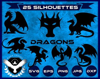 25 Dragon Silhouette | Dragon SVG | Dragon Clipart | Chinese Dragon SVG | Dragon Printable | Dragon Decoration | SVG Files For Cut | Decal