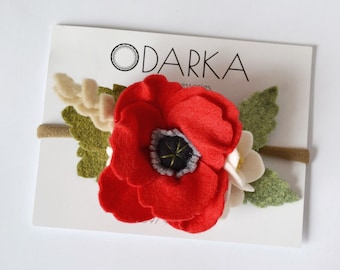 Red Poppy Felt Headband, Poppy Hair Clips, Felt Flower Baby Headband, Felt Floral Crown, Newborn Photo Prop
