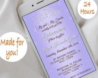 Mis Quince Birthday Electronic Text Invitation Text Message Quinceanera Save Date Invitation Periwinkle Lilac Gown