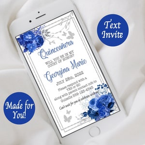Mis Quince Court of Honor Proposal Card - Will you be my Dama my Chamberlain - Royal Blue Silver Flower Theme  Card
