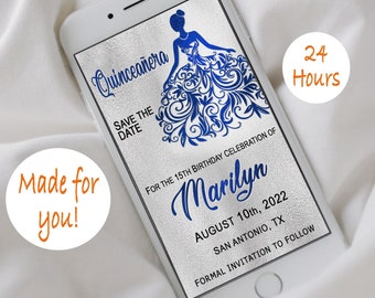 Mis Quince Birthday Electronic Text Invitation Text Message Quinceanera Save Date Invitation Periwinkle Lilac Gown