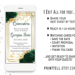 Quinceanera Court Proposal Dama Chamberlian  Green Flower Bouquet Butterfly - Mis Quince Birthday  Text Court Proposal