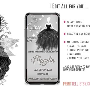 Quinceanera Save Date Black Gown Text Mis Quince Birthday Invitation Black Theme Mis Quince Message Save the Date Quinceanera Text Message