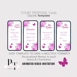 Mis Quince Vídeo Court Proposal Card - Will you be my Dama my Chambelan - Hot Pink color Flowers Theme  Animate Invitation