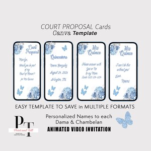 Mis Quince Vídeo Court Proposal Card - Will you be my Dama my Chamberlain - Light Blue Flowers Theme  Animate Invitation