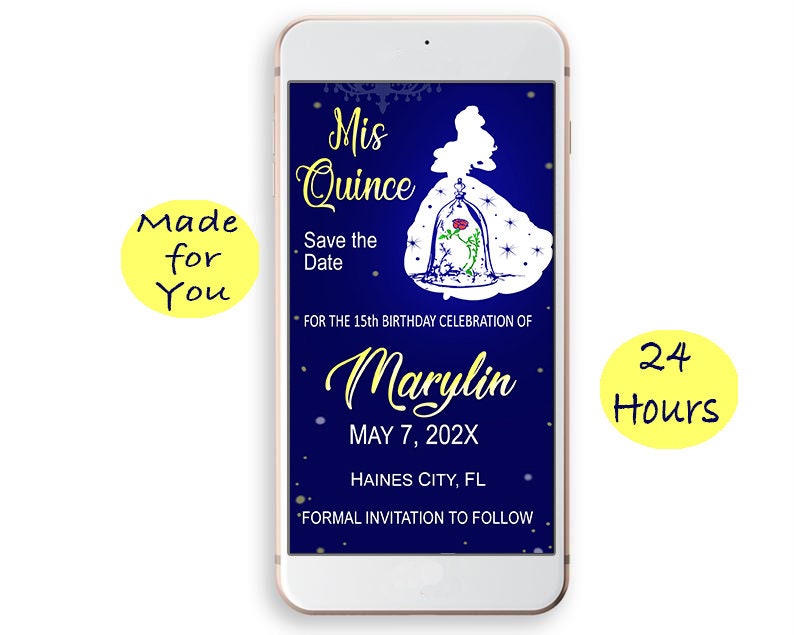 Mis Quince Save Date Beauty and the Beast Theme Inspired Digital Text