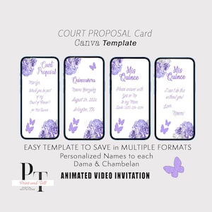 Mis Quince Vídeo Court Proposal Card - Will you be my Dama my Chambelan - Lilac Periwrinkle Flowers Theme  Animate Invitation
