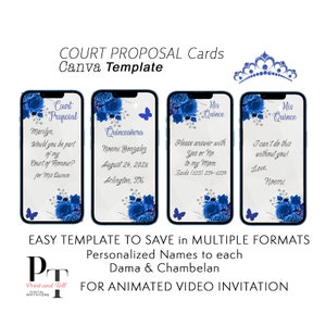 Mis Quince Vídeo Court of Honor Proposal Card - Will you be my Dama my Chamberlain - Royal Blue Silver Flower Theme  Card