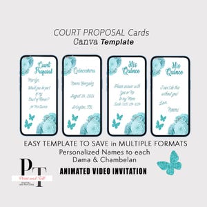 Mis Quince Vídeo Court  Proposal Card - Will you be my Dama my Chambelan - Turquoise Blue Topaz color Flowers Theme  Animate Invitation