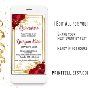 Mis Quince Court of Honor Proposal Card Will you be my Dama my Chamberlain Gold Red Theme  Card